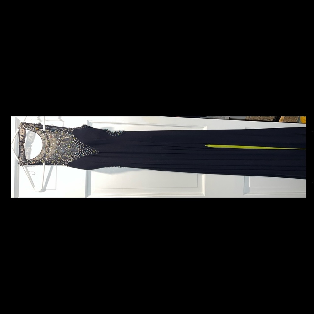 Full length Cachè navy prom dress